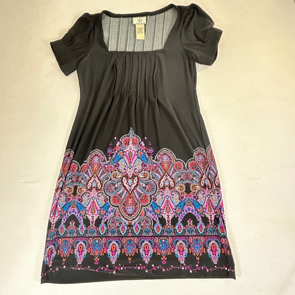ICE Black Paisley Border Print Square Neck Pleated Puff Sleeve Dress‎ Size 8